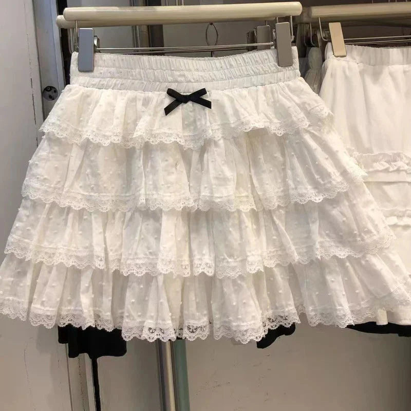 Y2K Lace Skirt Sweet Preppy Patchwork Tutu Skirt High Waist White Lolita FeMini Cake Skirt