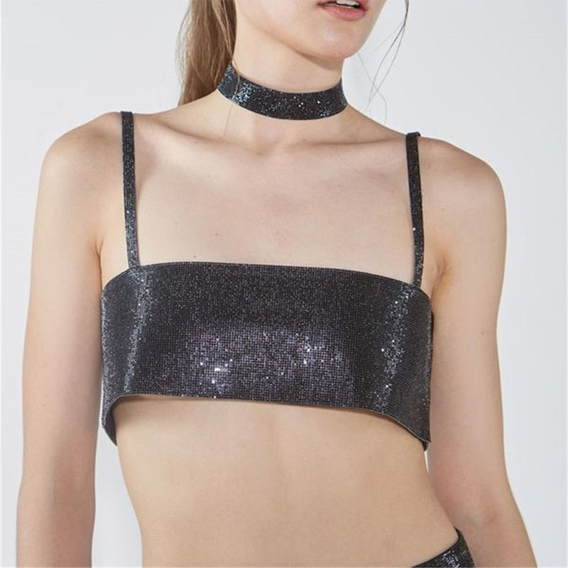 Glitter Club Crop Top Off Shoulder Tank Cami Clothing Super Short Party Night Shiny Bling Sleeveless Tube Tops Y2K