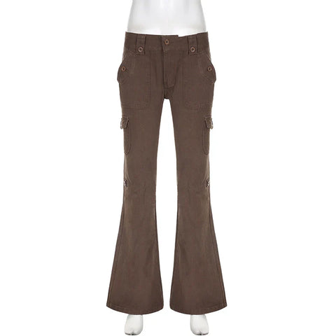 Voguable  Casual Basics Flare Jeans Brown Black All-match Street Style Boot Cut Denim Pants High Waist Vintage Trousers Y2K