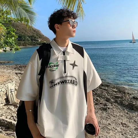 American Retro Short Sleeved Y2k Motorcycle Style Polo Collar Simple Versatile Loose Vintage Couple T-shirt Casual Top