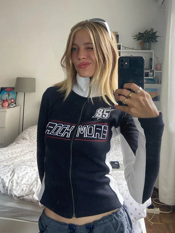 Voguable Patchwork Knitted Cropped Jackets Y2K Street Zipper Coats Long Sleeves Outerwear Moto & Biker