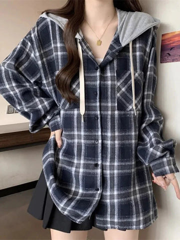 Vintage Plaid Hooded Shirt Oversize Long Sleeve Y2K Blouse American Casual Harajuku FeVintage Tops New
