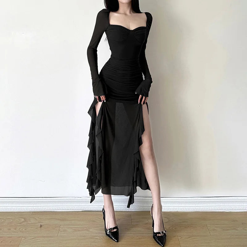 Y2k Gentle Temperament Ruffled Square Collar Slit Dress FeCross-Border Solid Color Long Sleeve Strap Wrapped Hip Long Dress