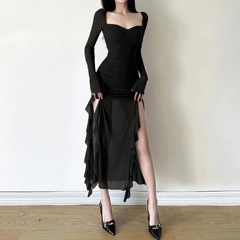 Y2k Gentle Temperament Ruffled Square Collar Slit Dress FeCross-Border Solid Color Long Sleeve Strap Wrapped Hip Long Dress