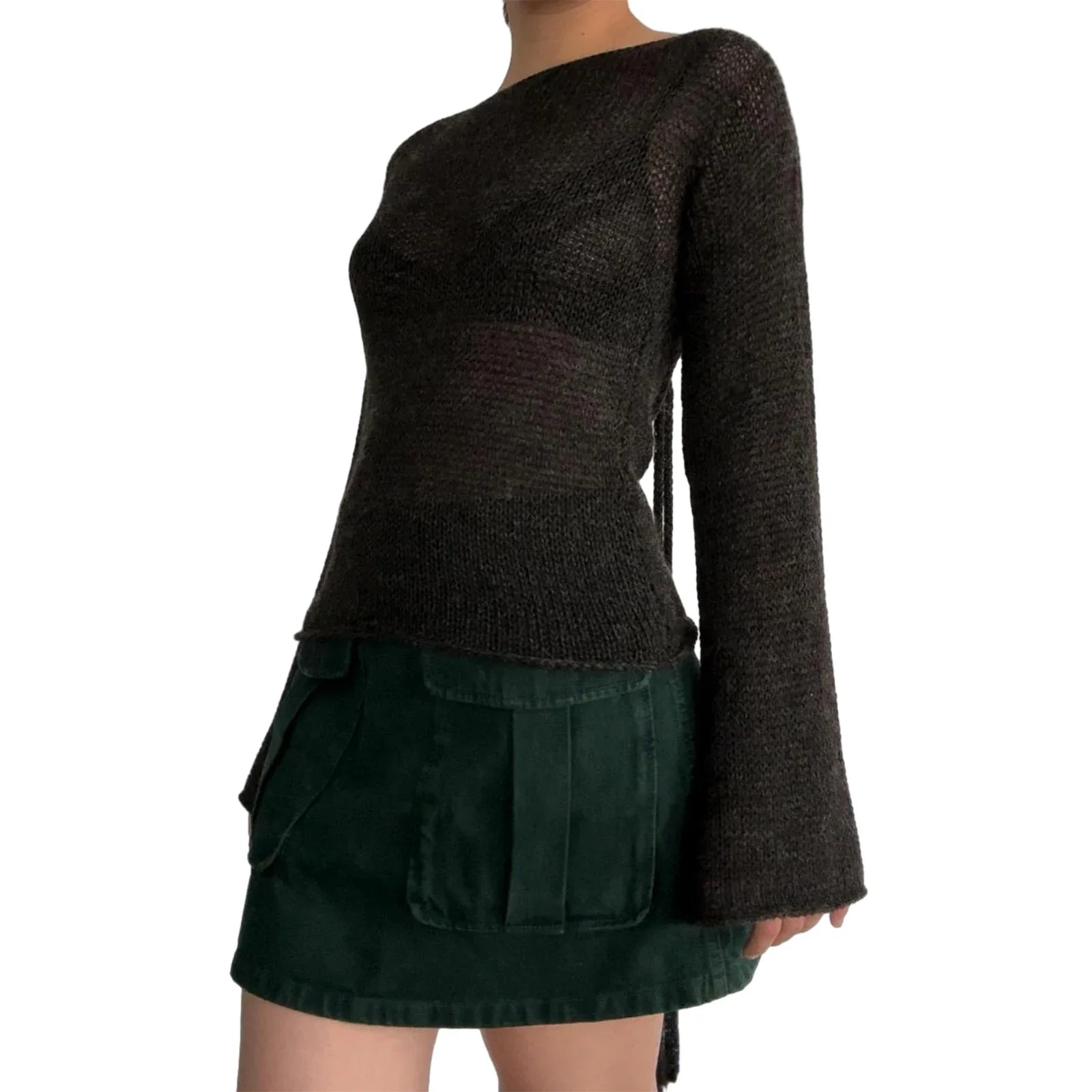 T-shirt Tie Back Sweaters Long Sleeve Boat Neck Solid Color Knit Pullover Casual Tops Streetwear Y2k Cami