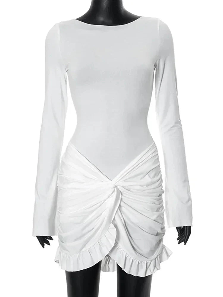 Ruffled Twist Skinny MIni Dress Long Sleeve Patchwork High Waist Party Dress FeY2k Bodycon Dress