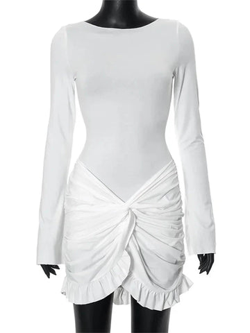 Ruffled Twist Skinny MIni Dress Long Sleeve Patchwork High Waist Party Dress FeY2k Bodycon Dress