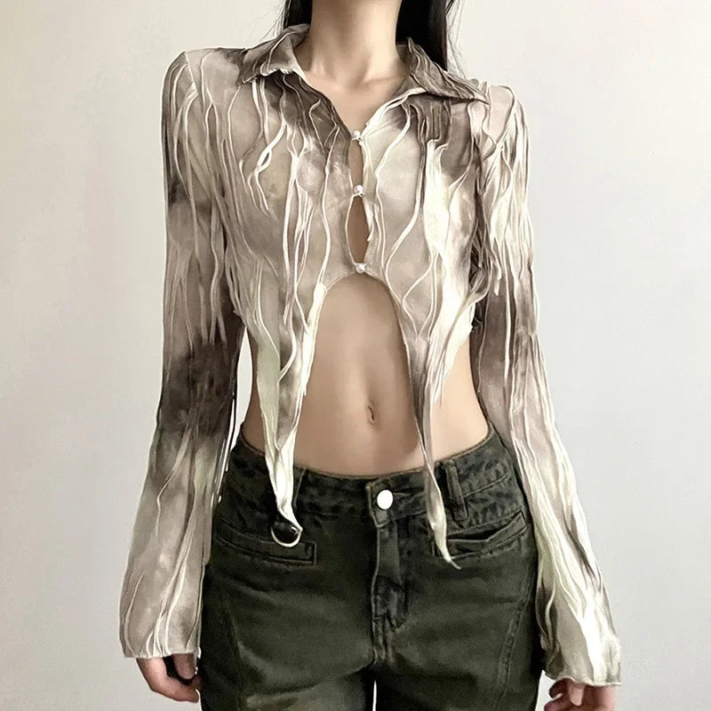 Goth Dark Tassel Tie Dye Fairy Grunge Blouses Gothic Vintage Y2k Frayed Crop Tops Streetwear Long Sleeve Slim T-shirt