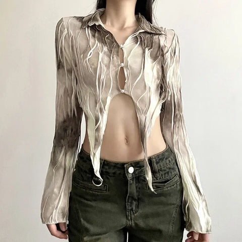 Goth Dark Tassel Tie Dye Fairy Grunge Blouses Gothic Vintage Y2k Frayed Crop Tops Streetwear Long Sleeve Slim T-shirt