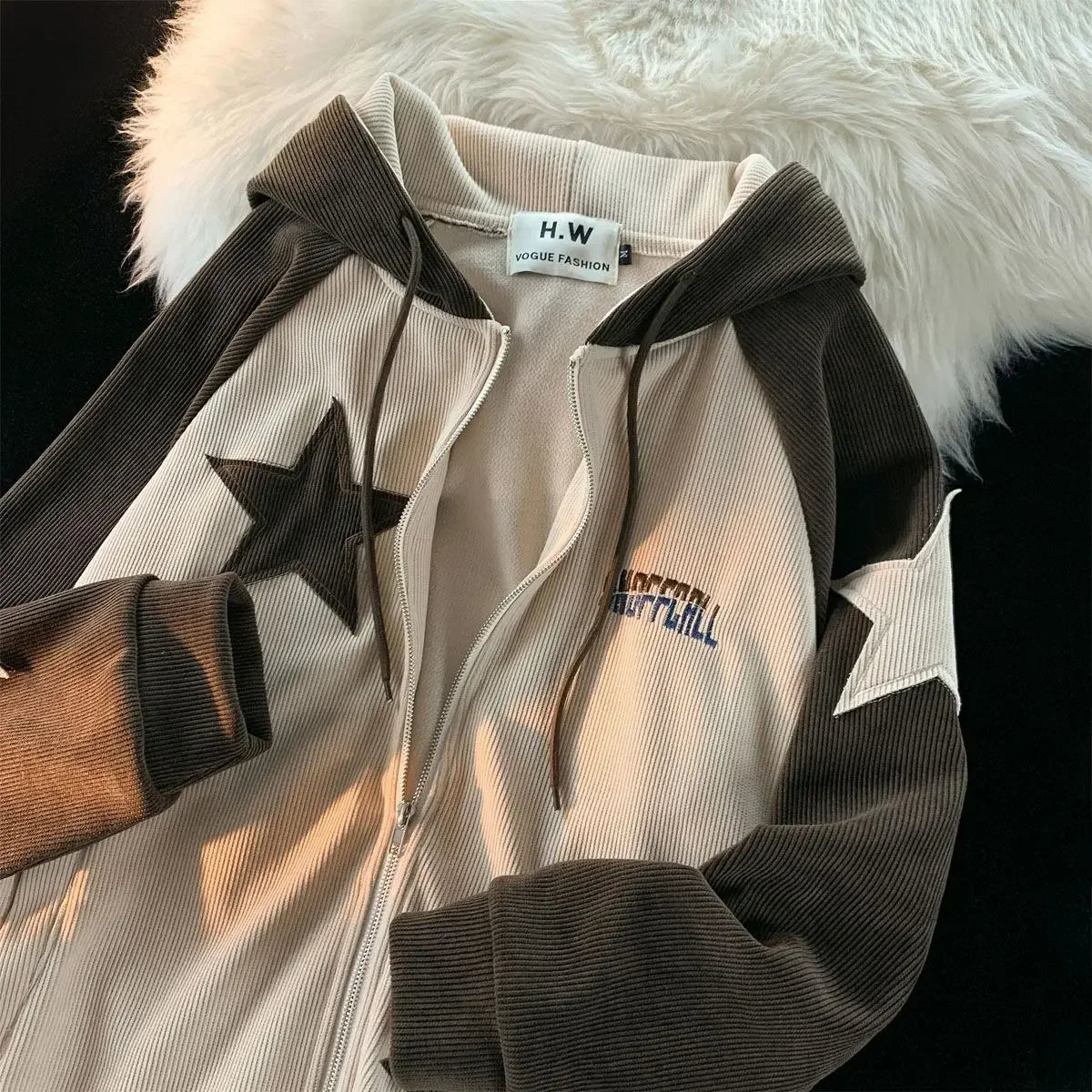 Voguable Y2K Harajuku Style Star Patch Zipper Hooded Streetwear Popular Casual Joker Sweatshirt Unisex Stitching Tops