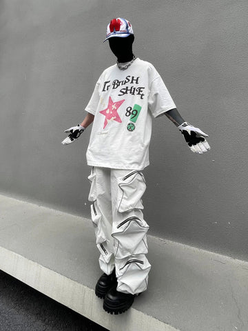 Voguable Y2k Cargo Pants Five Pointed Star Three Dimensional Multi Pocket Black Pants Reflective Casual Straight Leg Pants Streetwear