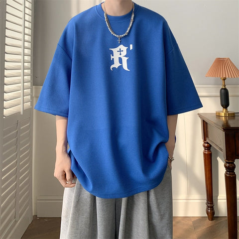 Waffle Letter Print T-shirts Urban Style  Half-sleeved Light Thin Breathable Y2k Unisex O-neck Tops Tee