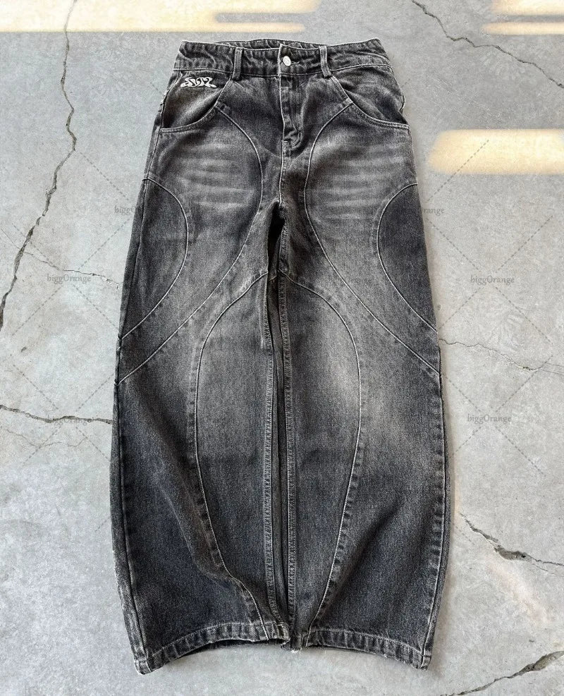 High Street Trendy Brand Baggy Wide Leg Jeans Harajuku Y2K Streetwear Punk Retro Embroidery Splicing Straight Leg Pants