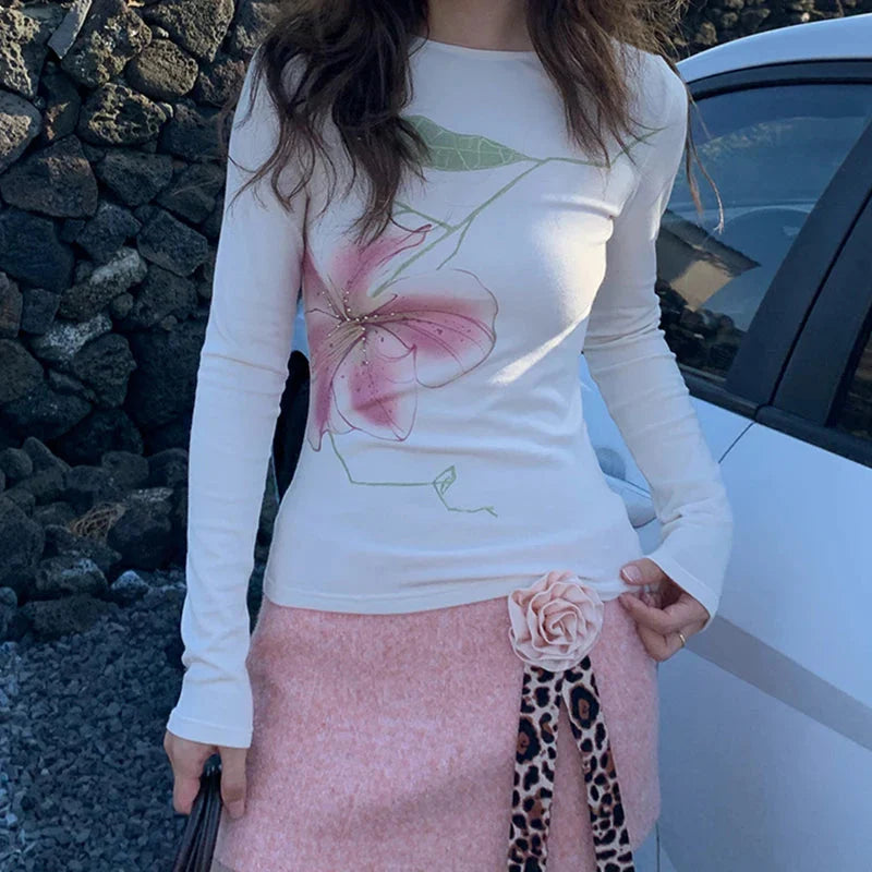 Fairy Coquette Top y2k Clothing Rhinestone Floral Print Round Neck Long Sleeve T Shirts 2000s Clothes Streetwear