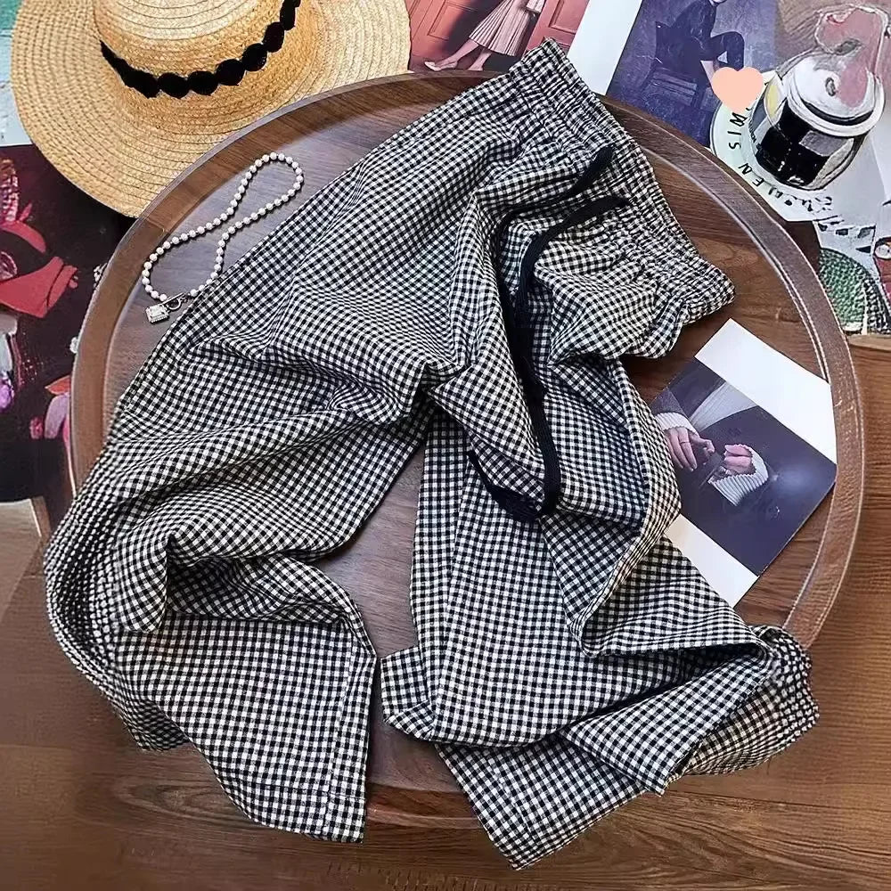 Korean Chic Plaid Casual Pants High Waist Retro All Match Wide Leg Pants Y2K Loose Drawstring Straight Trousers
