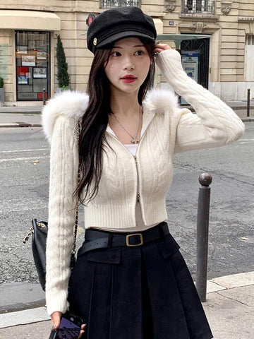 Voguable Furry Hooded Sweaters Coat Winter Casual Hoodie Y2K Zipper Cropped Sweater Jacket Korean FeKnitwear