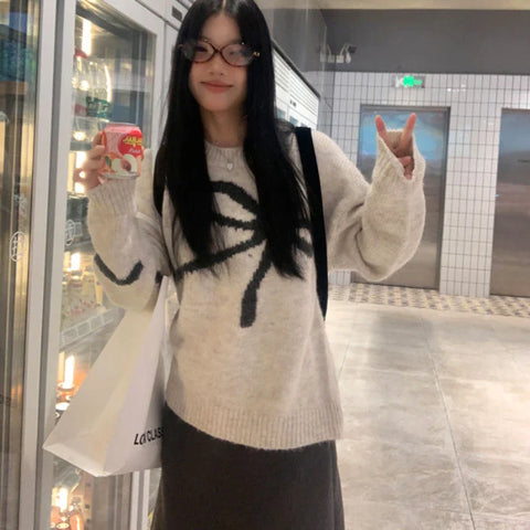 Elegant Bow Sweaters Vintage Y2k Knitted Pullovers Winter Loose Long Sleeve Aesthetics Streetwear Jumpers