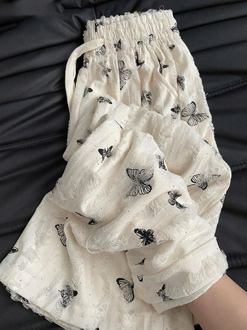 High Waist Wide Leg Pants Loose Butterfly Print FeCasual Pants Y2K Korean Drawstring Floor Length Trousers