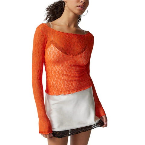 Lace Tops for y2k Clothes Sheer See Through Round Neck Long Sleeve Ruched T Shirt 2000s Clothing Party Clubwear