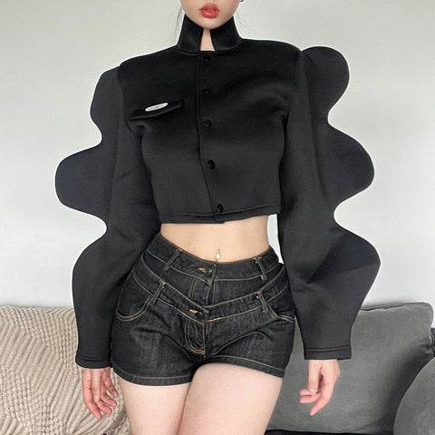 Streetwear Turtleneck Shirts For Long Sleeve Buttons Crop Tops Baggy Black Y2K Design Shirt Female