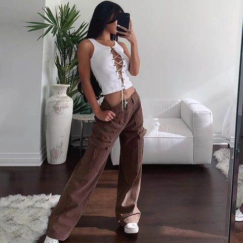 Vintage Cargo Pants Overalls Baggy Jeans Casual Y2k 90s Streetwear Big Pockets High Waist Straight Denim Trousers
