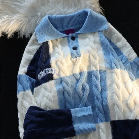 Voguable Vintage Plaid Green Knitted Sweater Checked Pullover Y2K Blue Sweaters Winter Harajuku Japanese Streetwear