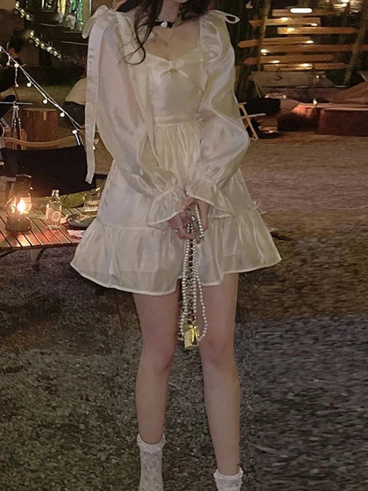 Voguable Winter Korean Long Sleeve Casual Lolita Dresses FeVintage Y2K Beige Mini Dress Kawaii Blue One Piece Dress