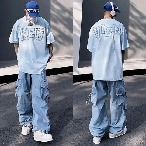 Voguable  Y2K Cargo Pants for Hip Hop Harajuku Parachute Cargo Trousers Blue Japanese Loose Casual Streetwear Hip Hop