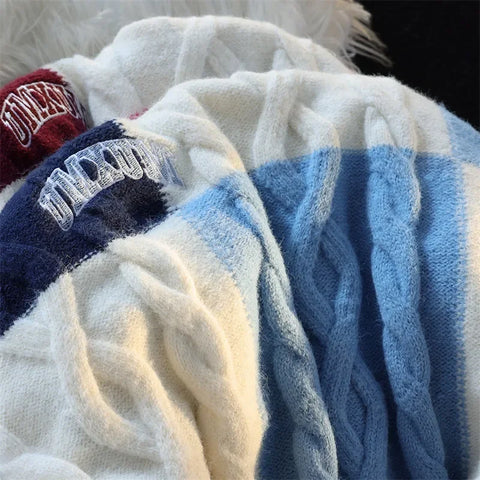Voguable Vintage Plaid Green Knitted Sweater Checked Pullover Y2K Blue Sweaters Winter Harajuku Japanese Streetwear