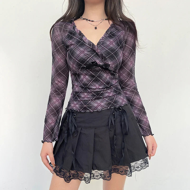 Voguable Y2K Plaid Double Layer Mesh Top Black Ruched V-neck T-shirts Fairy Grunge Long Sleeve Tops Vintage Sweet Bow Tees Fall