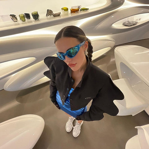 Streetwear Turtleneck Shirts For Long Sleeve Buttons Crop Tops Baggy Black Y2K Design Shirt Female