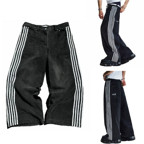 Hip Hop Baggy Jeans  Harajuku Goth Y2k Jeans for Black Striped Embroidered Wide Leg Denim Pants High Street Streetwear