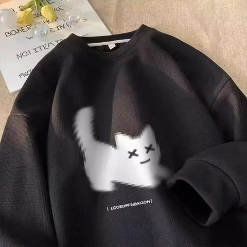 Voguable Streetwear Harajuku Waffle Cotton Kawaii Hoodies for O-Neck Oversized Sweatshirt Y2K Black Cat HIP HOP Punk Winter Clothes