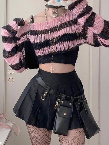 Voguable  Pink Contrast-paneled Crop Smock Top Y2K Aesthetic Cute Knitted Long Sleeve Pullover for Sweater Vintage Clothes