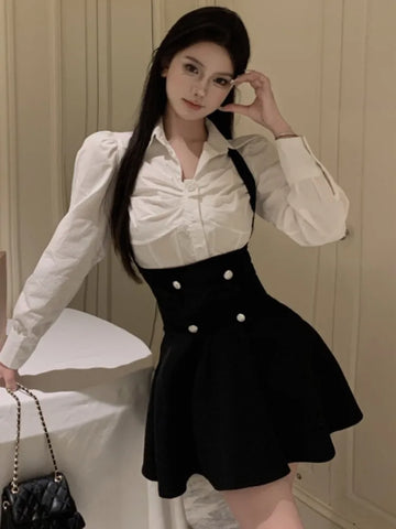 Voguable  Y2K 3 Piece Set Cropped Coat + Long Sleeve Shirt + High Waist Halter Ruffles Mini Dress Korean Chic Outfits