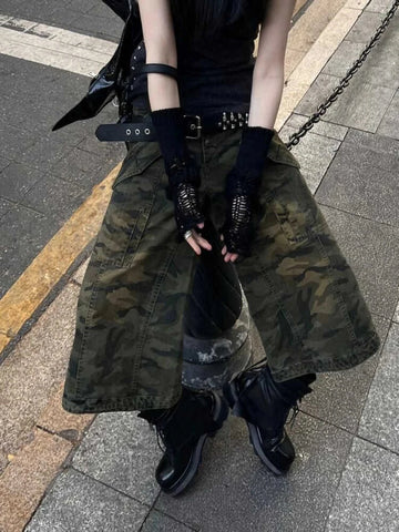American Vintage Japanese 2000s Camo Jorts Jean Shorts Knee Length Denim Pants Y2k Streetwear Harajuku Punk Baggy