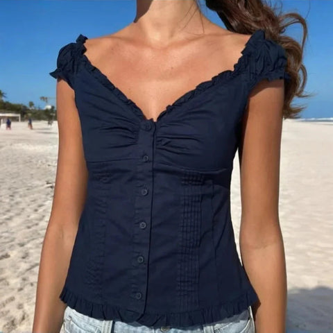 y2k Tank Top Clothes Solid Color Cap Sleeve Button Down Slim Fit Frill T Shirt 2000s Vest Streetwear