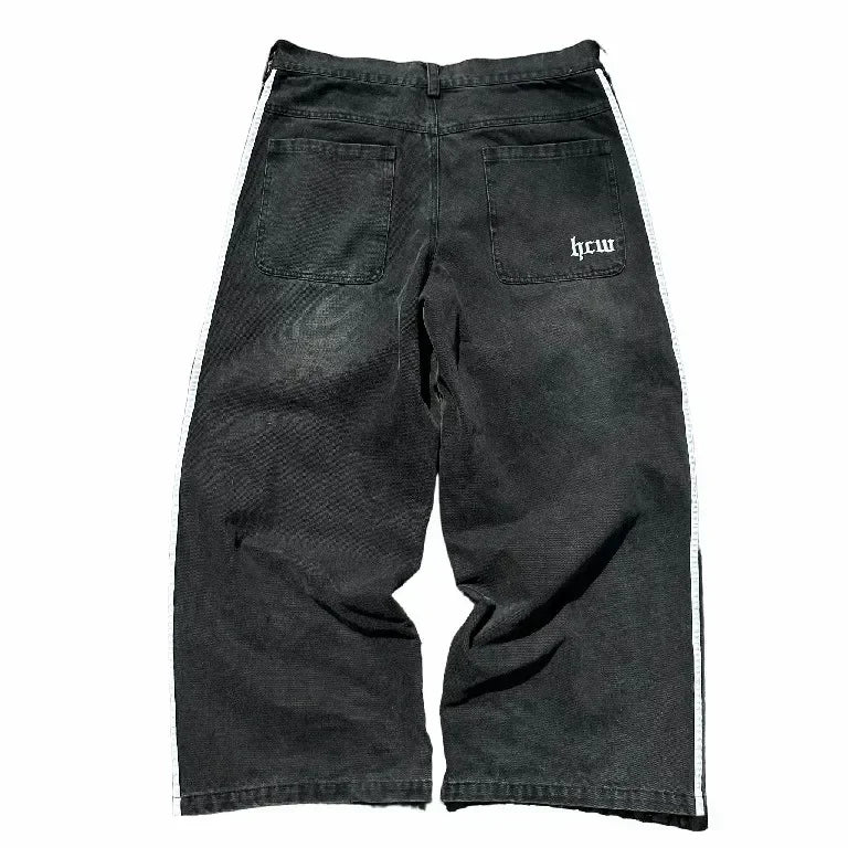 Hip Hop Baggy Jeans  Harajuku Goth Y2k Jeans for Black Striped Embroidered Wide Leg Denim Pants High Street Streetwear