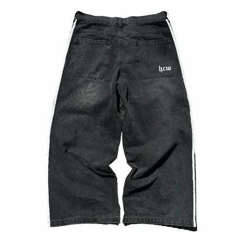 Hip Hop Baggy Jeans  Harajuku Goth Y2k Jeans for Black Striped Embroidered Wide Leg Denim Pants High Street Streetwear