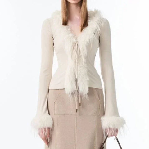Y2k Aesthetic V-neck Jacket Korean Cardigan  Harajuku Vintage Bandage Fur Patchwork Coat Chic