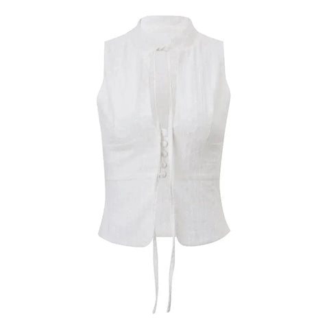 y2k Tank Top Clothes White Flower Embroidery Mock Neck Front Cutout Sleeveless T Shirt Vest Streetwear