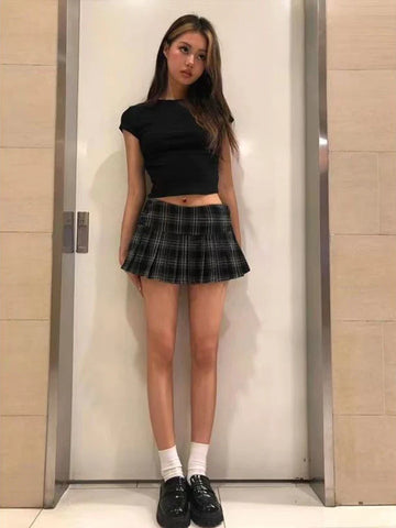 Vintage Y2K Plaid Mini Skirt Preppy Style Low Waist Slim A-line Side Split Retro Pleated Skirt Streetwear