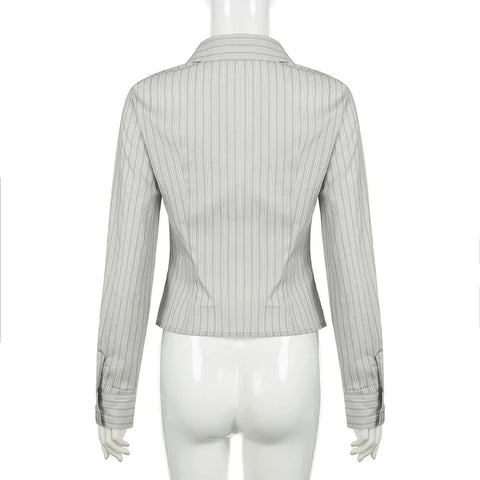 Voguable Striped Blouses Office Ladies Y2K Aesthetic Vintage Buttons Up Lapel Collar Shirts Korean Casual Tops