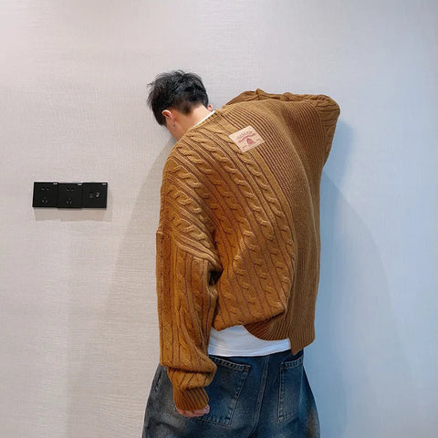 Voguable Knitted Sweater Japanese Y2K Oversize Casual Winter Irregular O-neck Pullovers for Man Old Money Streetwear