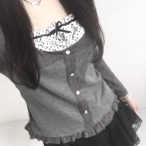 Voguable  Ribbons Bow Contrast Patchwork T-shirt Y2K Aesthetic Button Up Frill Casual Basic Crop Top Kawaii Lolita Tops Cute Tees