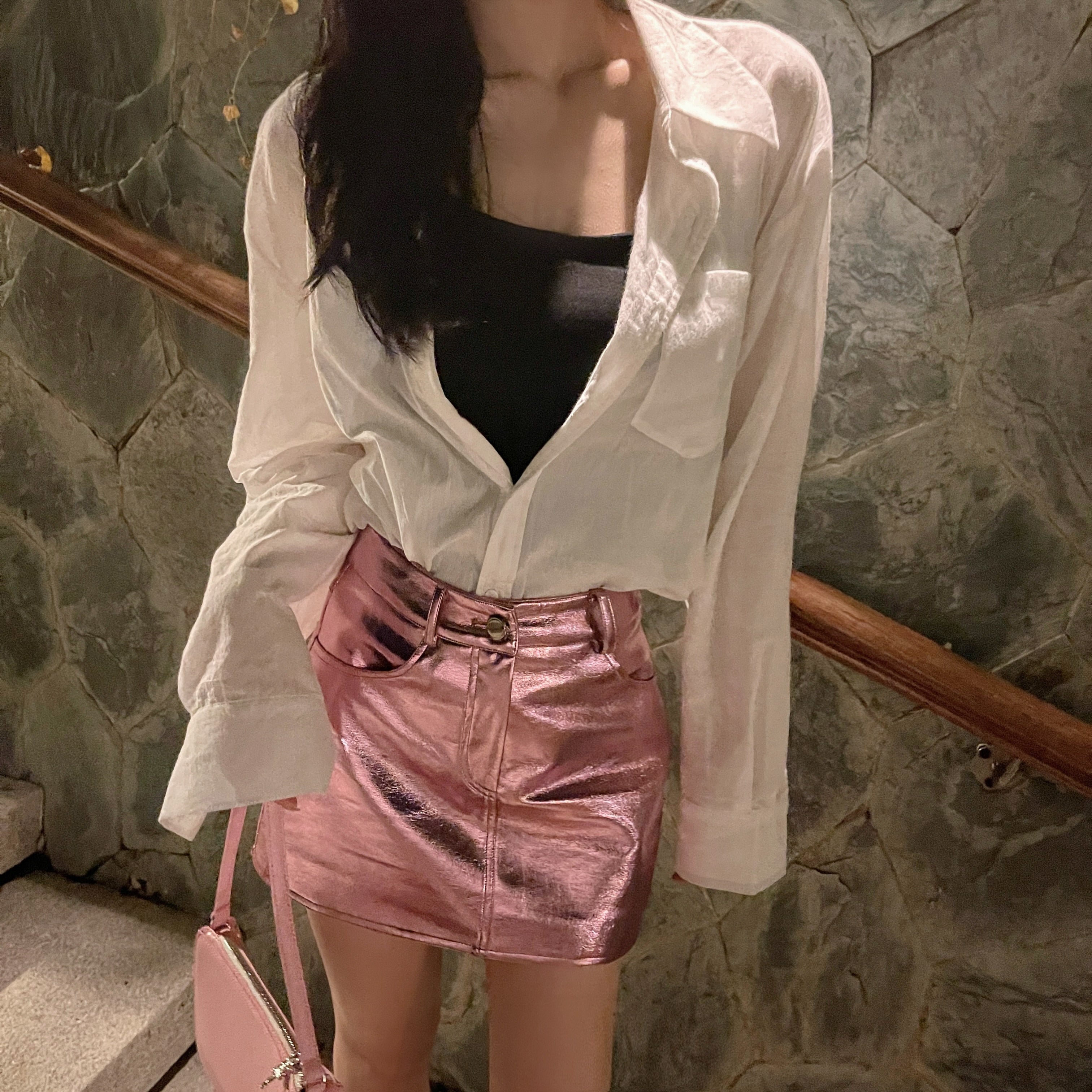 Pink Silver Reflective Shiny Patent Leather Mini Skirts for High Waist A Line Short Y2K Clothes