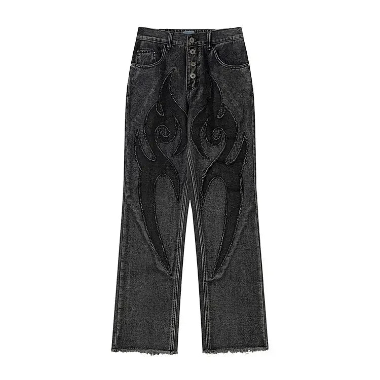 Vintage Flame Embroidered High Rise Jeans Washed Old Loose Fit Jeans Y2K Jeans Casual Pants Loose Fit Jean