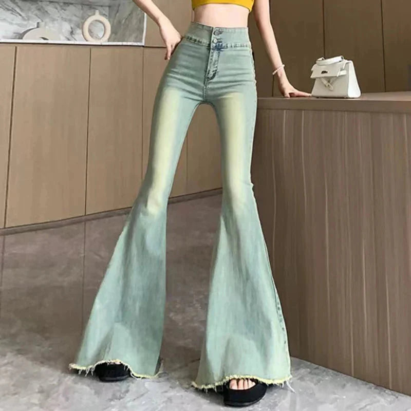 Y2K Vintage Raw Edge Flare Jeans Korean High Waist Slim Denim Pants Solid Hip Hop Streetwear All Match Wide Leg Trousers