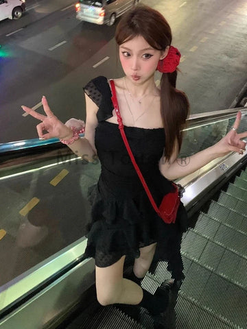 Voguable Y2k Vintage Mini Dress Irregular Korean Casual One Piece Dress FeTierred Elegant Chic Clothes New