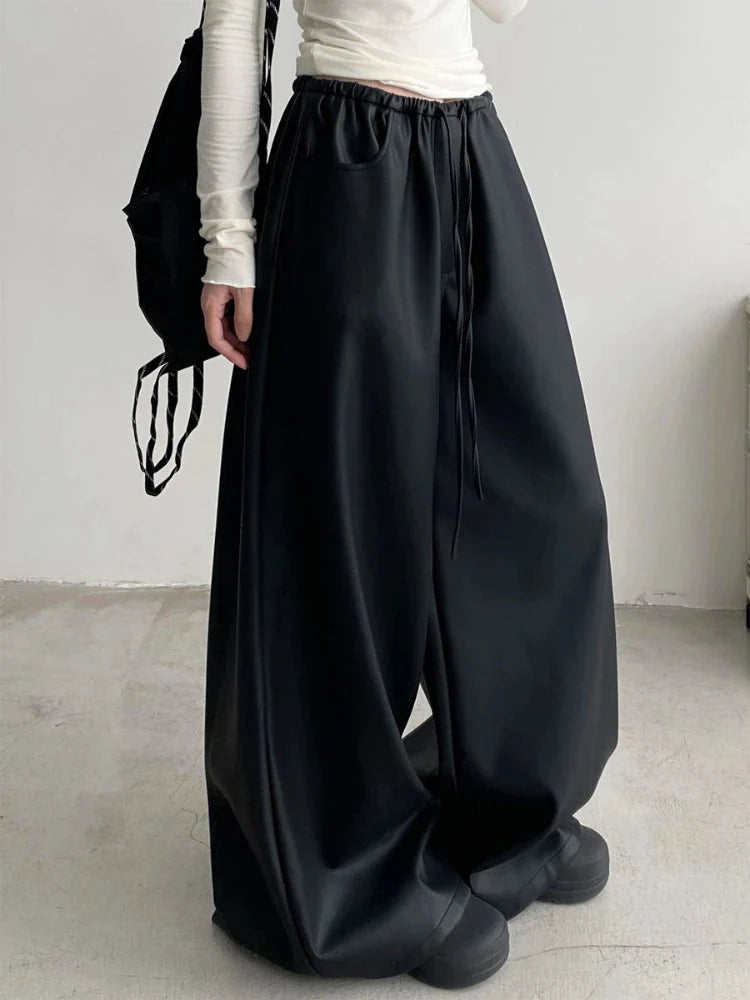 Black Pu Leather Pants Y2K Korean Elegant Drawstring Wide Leg Trousers High Waist Oversized Streetwear Trousers